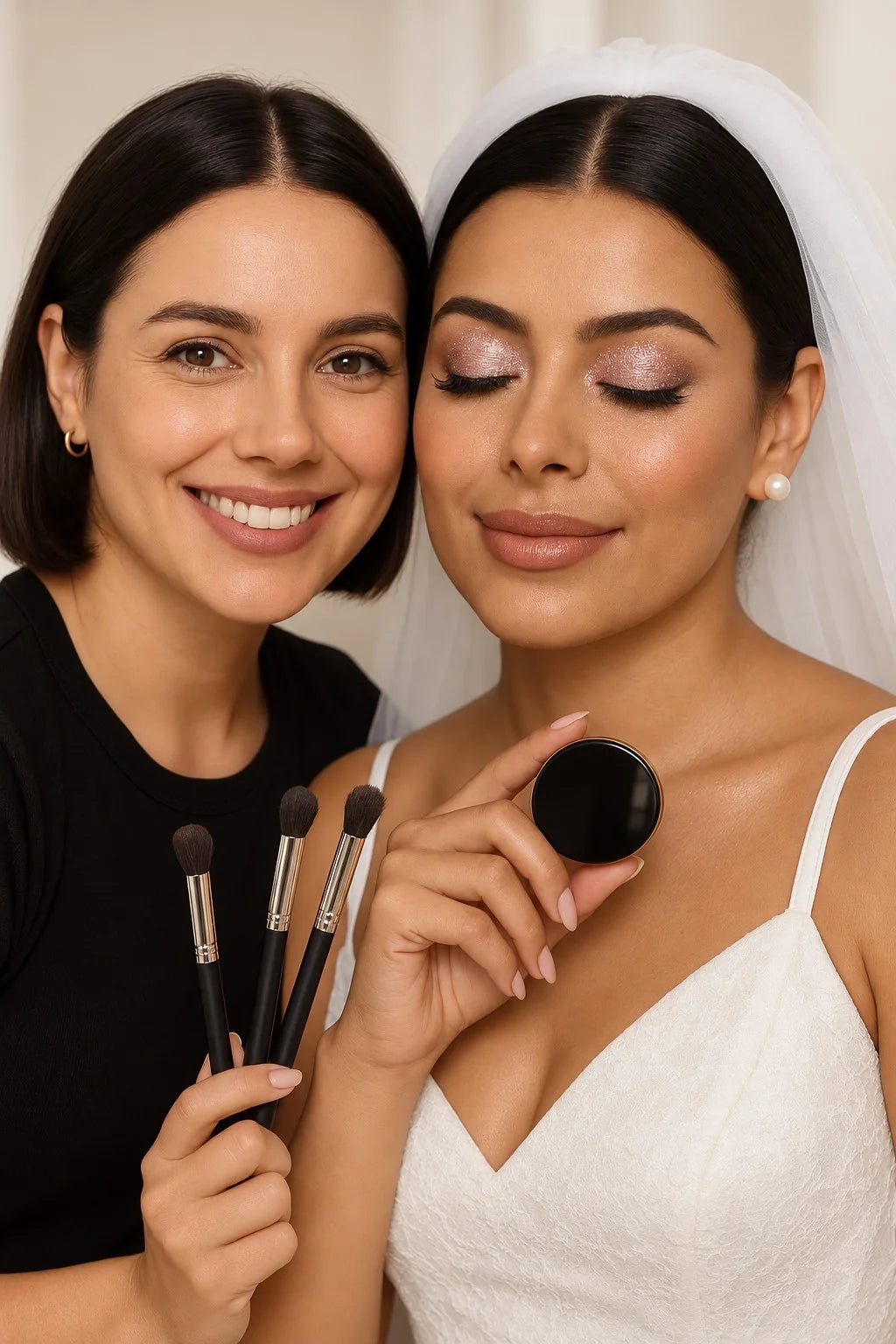 Bride wearing sparkling rose-champagne eye makeup beside a makeup artist, holding an unbranded lid