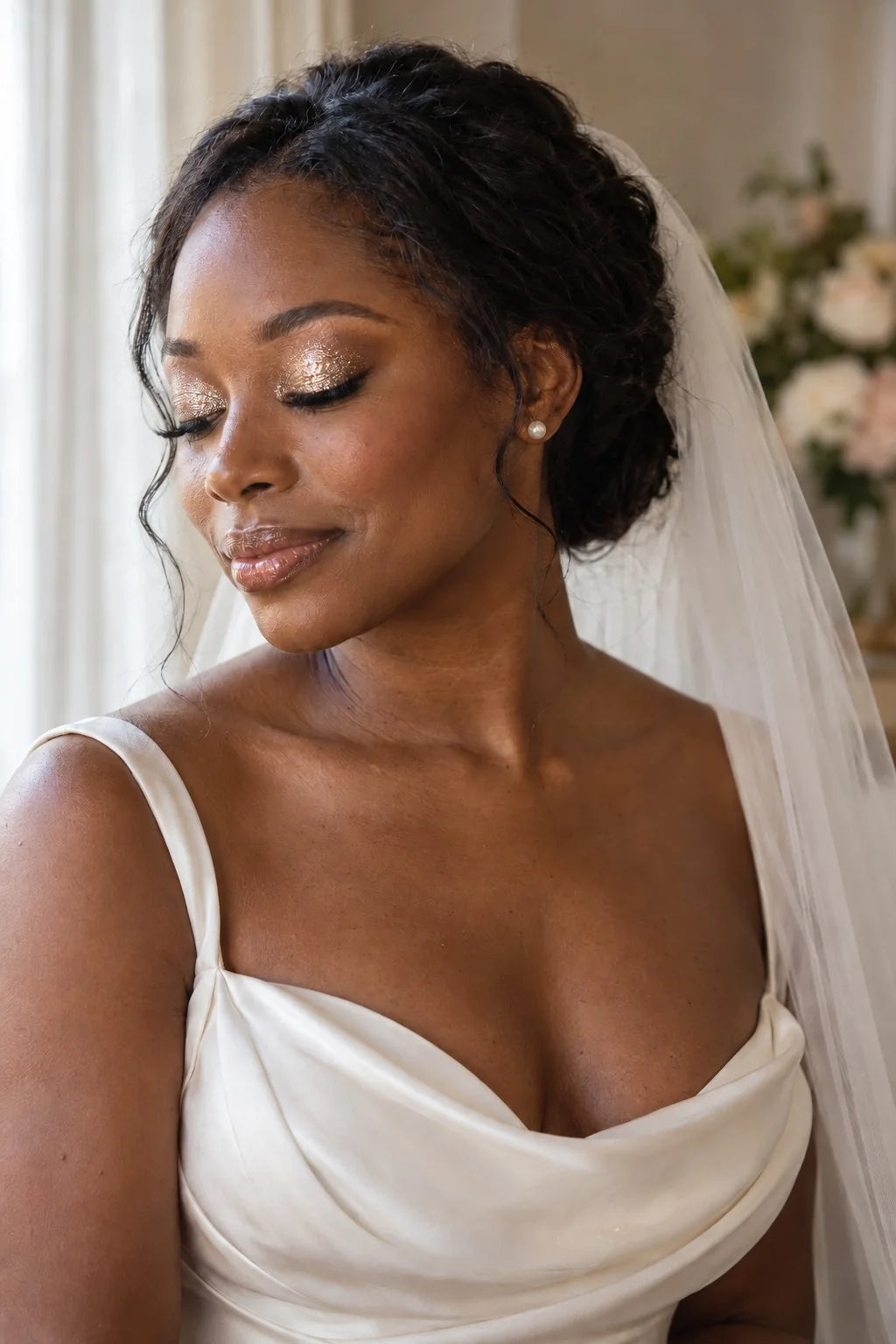 Young bride with champagne-gold sparkling eyeshadow, an ivory dress and a veil