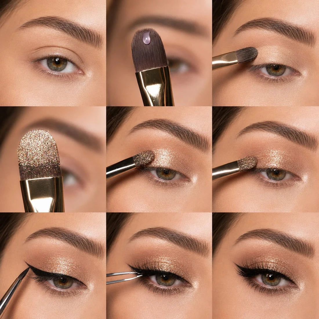 Step-by-step eye makeup: prepare the lid, press on shimmer and finish with liner