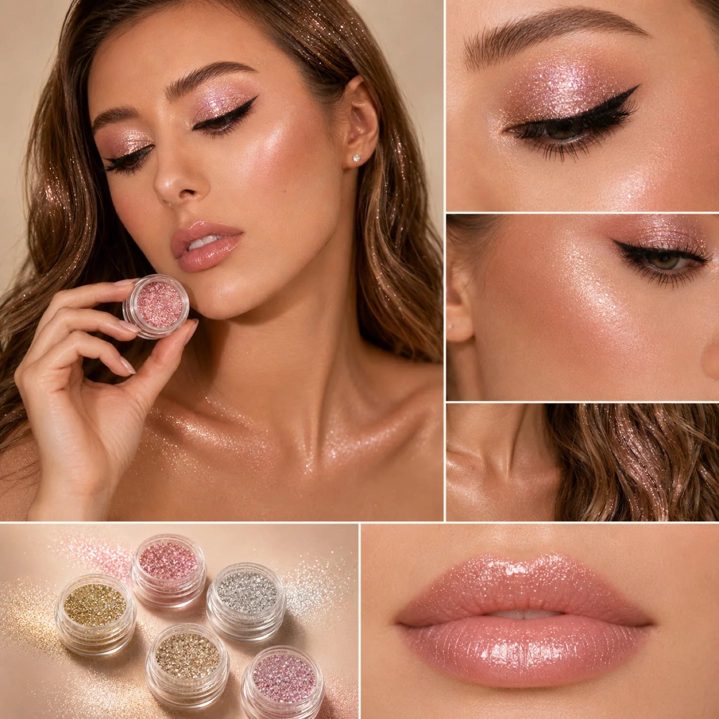 Makeup collage showing pink shimmer on the eyes, cheek, lips and hair, with pigment jars
