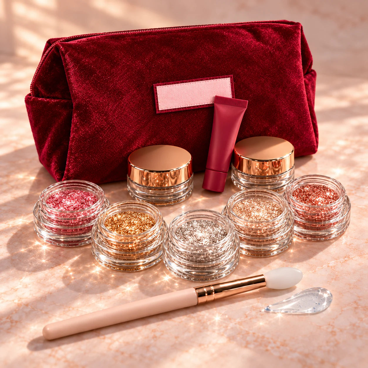 Complete Set with seven pigments, a burgundy velvet bag, small 5 ml Gel Primer tube and silicone brush