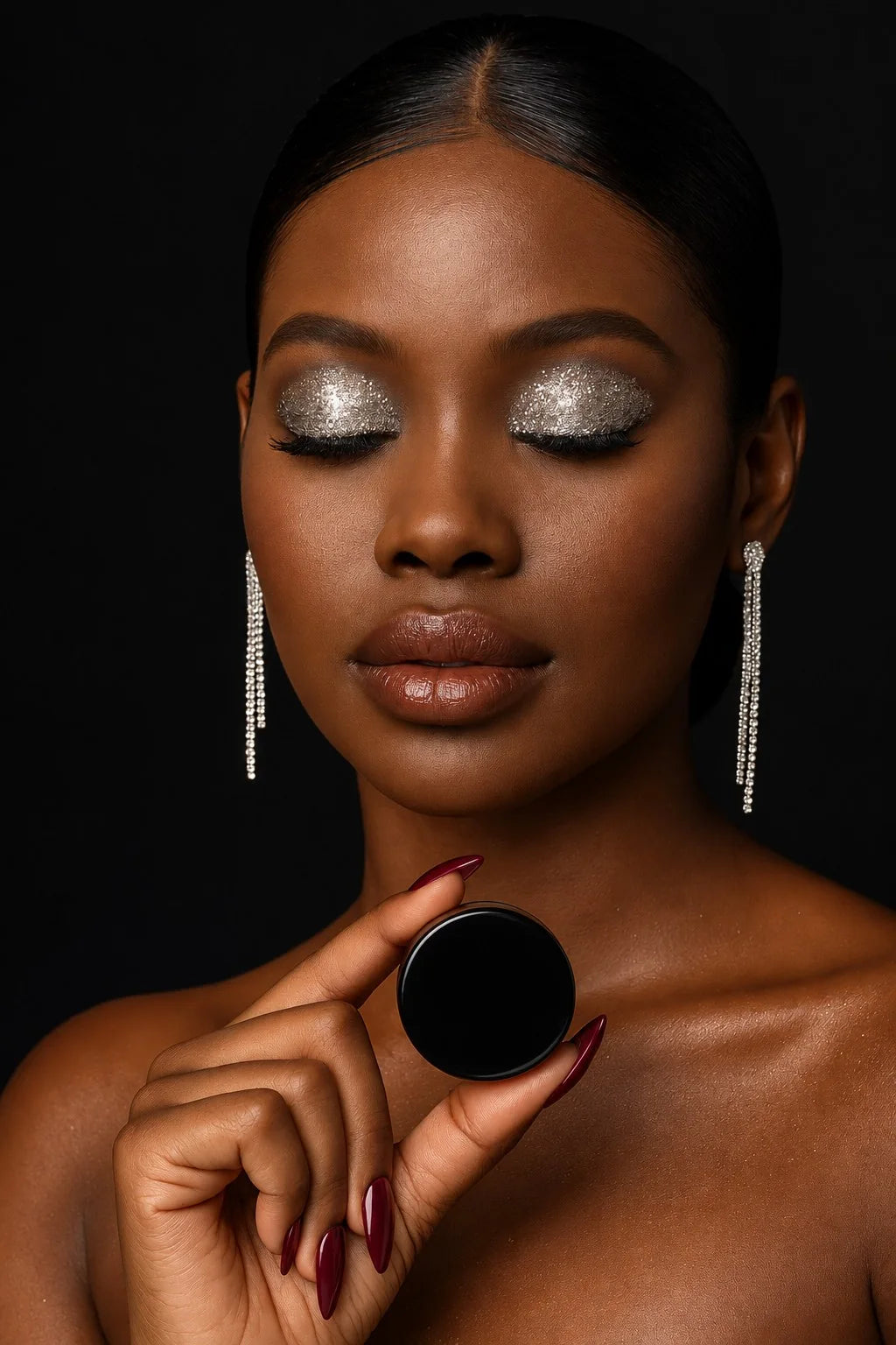 Evening beauty portrait with bright silver shimmer on deep brown skin and an unbranded lid