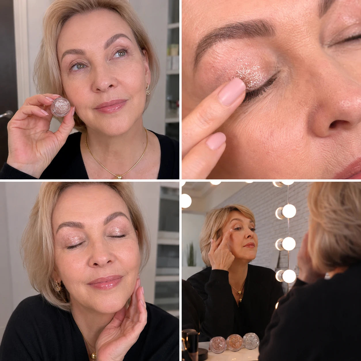 Four photos showing a mature woman holding her shimmer pigment, applying it with a fingertip, and wearing the finished eye look